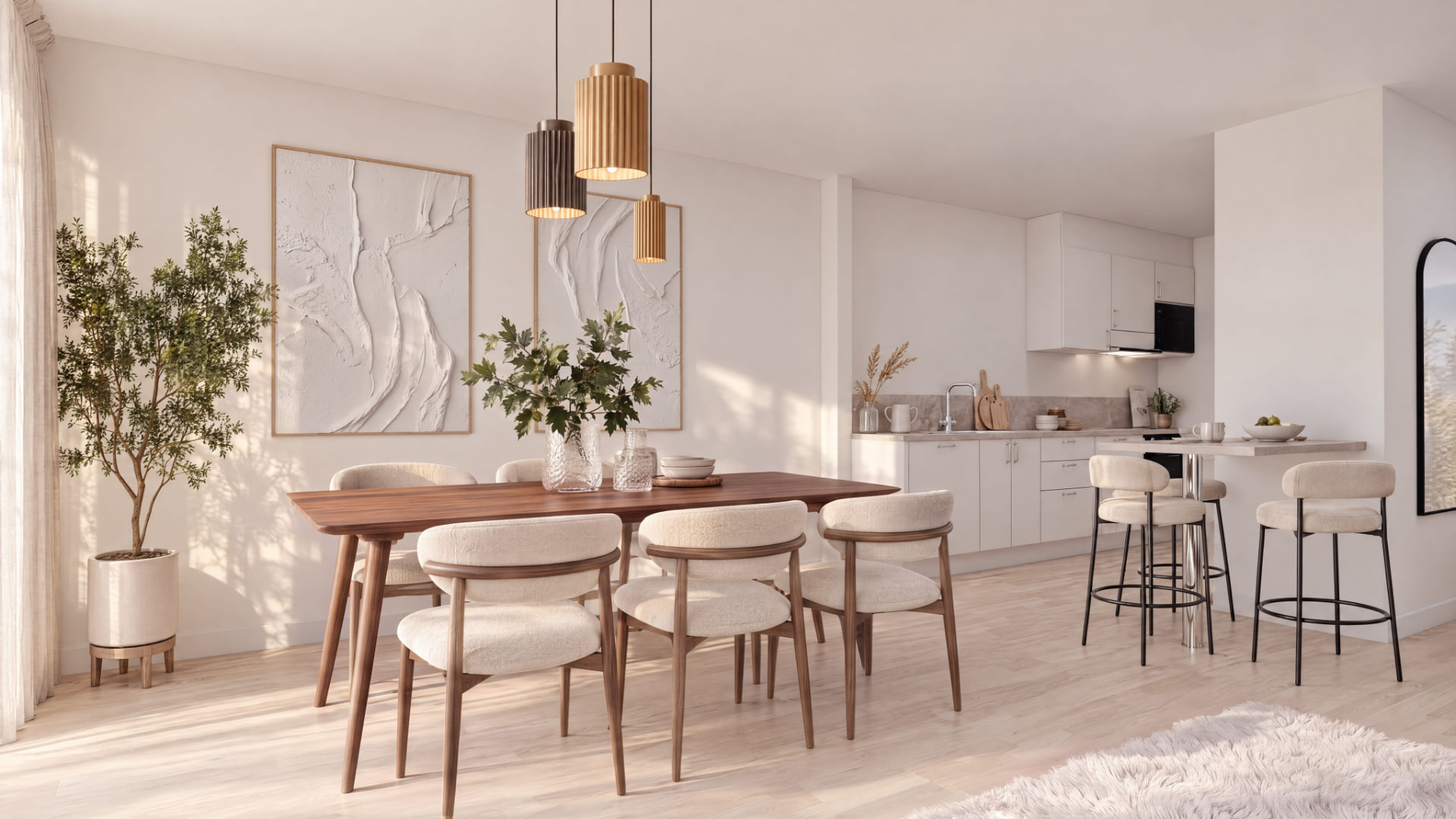 Ljus matplats med träbord i öppen planlösning mot köket