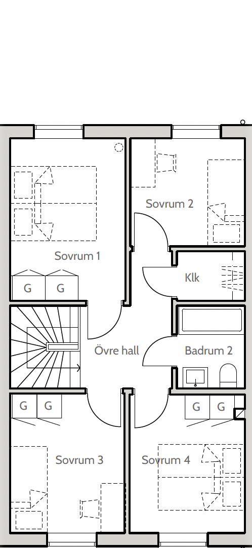 Planritning Övre plan för radhusen i Nynäshamnshöjden