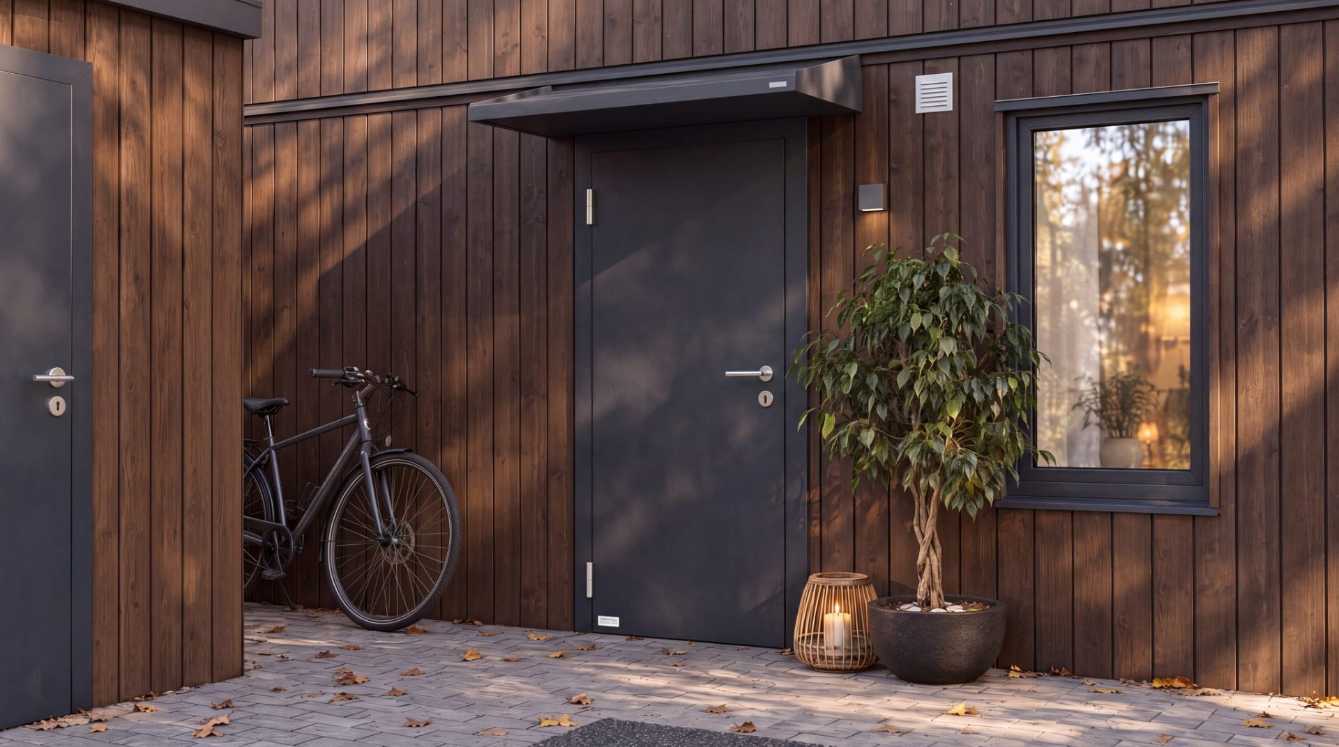 Välkomnande entré under skärmtak med plats för cykeln och utvändigt kallförråd vägg i vägg.