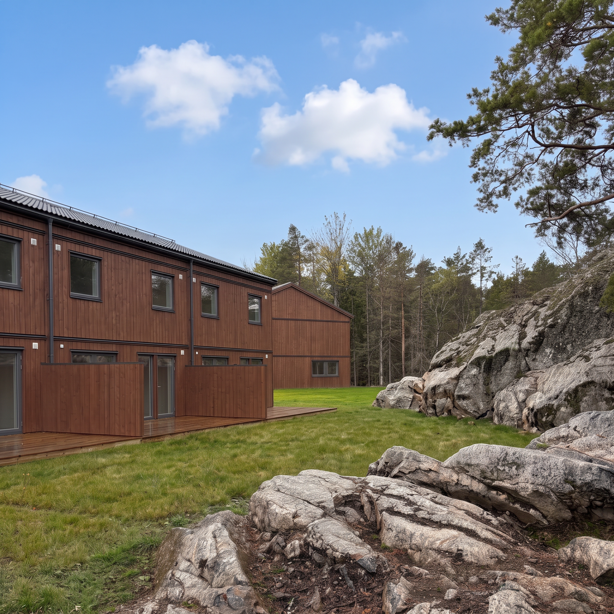 Närhet till inbjudande naturlek och upptäckarglädje. Till våren kompletteras tomtytorna med aroniahäck som förlängning på avgränsare och bidrar till en grön och ombonad känsla.